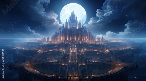 Floating city, castle in the sky, night, moon, fantasy land