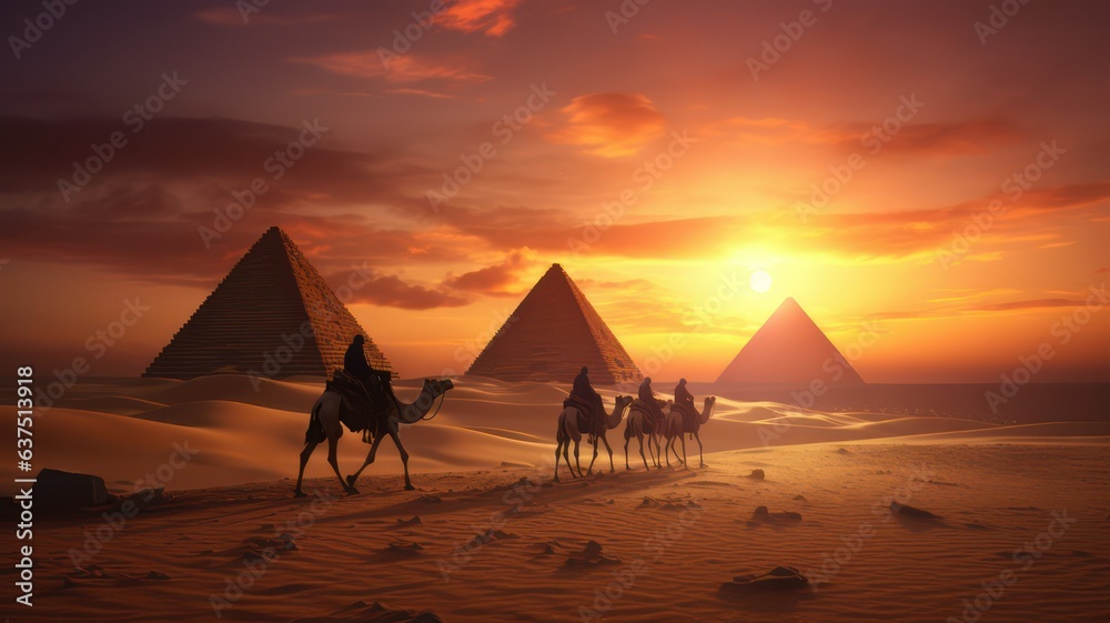 Pyramids in the desert and camels passing by at sunset created with Generative AI - obrazy, fototapety, plakaty 