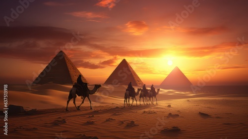 Pyramids in the desert and camels passing by at sunset created with Generative AI © mg photo