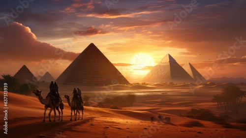 Pyramids in the desert and camels passing by at sunset created with Generative AI