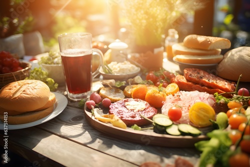 A lovely breakfast table in nature. full of bread cheese and vegetables. generative AI illustration.