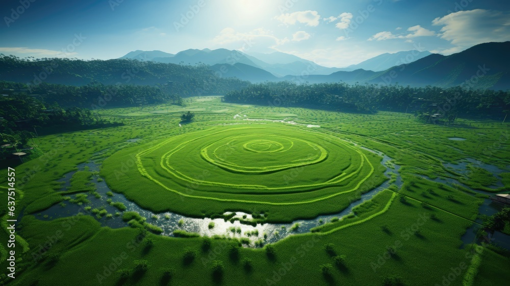 Green rice field is shining in the sun, fisheye photography. From a bird's eye view. Generative AI Green rice field is shining in the sun, fisheye photography. From a bird's eye view. Generative AI
