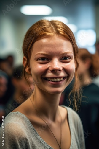 portrait of a young woman smiling while in line at the dmv photo