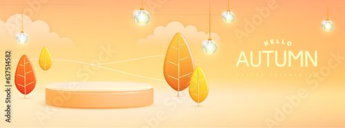 Hello Autumn background with 3D plastic stage and landscape with trees and clouds. Vector illustration