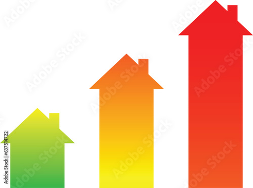 House-shaped arrows having different length and different gradient colors. Vector illustration of the concept of increasing house prices and housing insulation efficiency