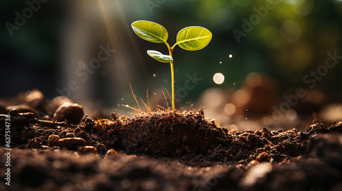 Young plant growing in the morning light and green nature bokeh background , new life growth ecology business financial progress concept, Earth Day