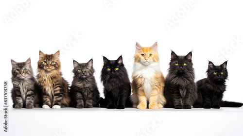 Group of sitting cats of different breeds on a white background