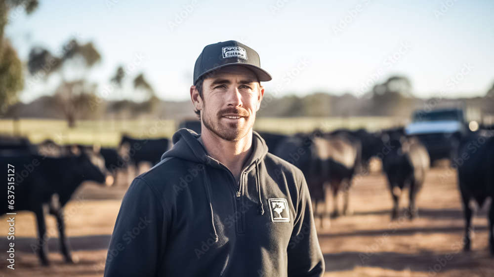 Sustainability, confidence and portrait of young man shepherd with cows on field, happy countryside farming with dairy and beef production.
