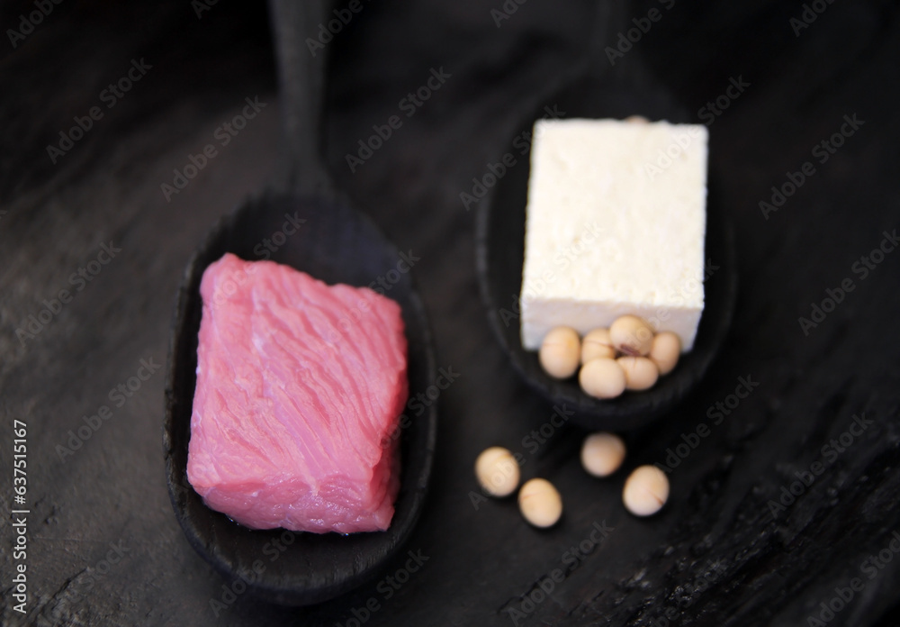 Concept, ecological choice, meat or soy. Alternative food. Protein food, meat or soy. Equivalent food, food of the future. Concept, ecological choice, meat or soy. Alternative food. Protein food, meat or soy. Equivalent food, food of the future.