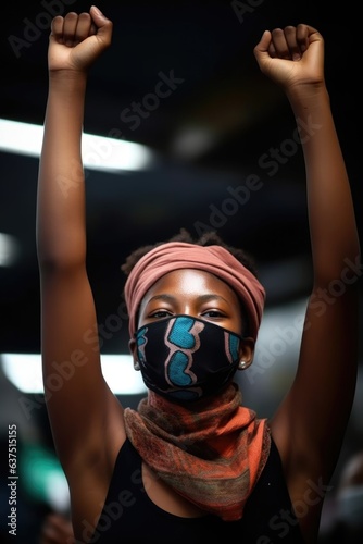 shot of a masked young woman with her arms raised in protest
