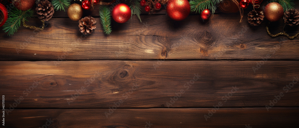 Naklejka premium wooden background with christmas baubles and pine cones