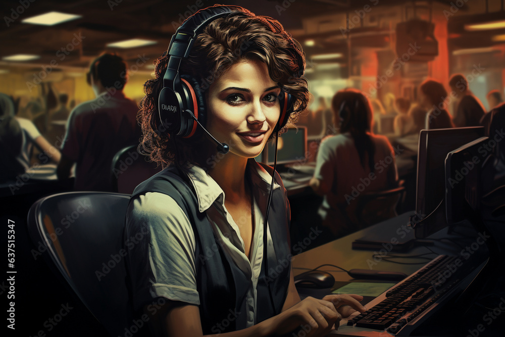woman working in call centre - obrazy, fototapety, plakaty 