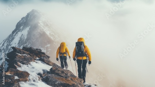 Obraz na płótnie Two climbers climb to the top of a snowy mountain