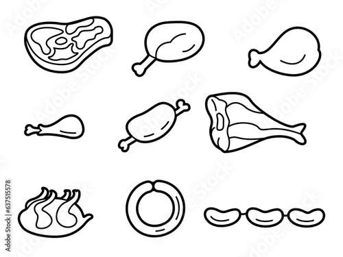 Set of Different Types of Meats Icons, Simple Outline Style Vector Illustration, Meat Chops, Slices, Legs, Sausages, Pork, Turkey, Chicken Stock Vector Image