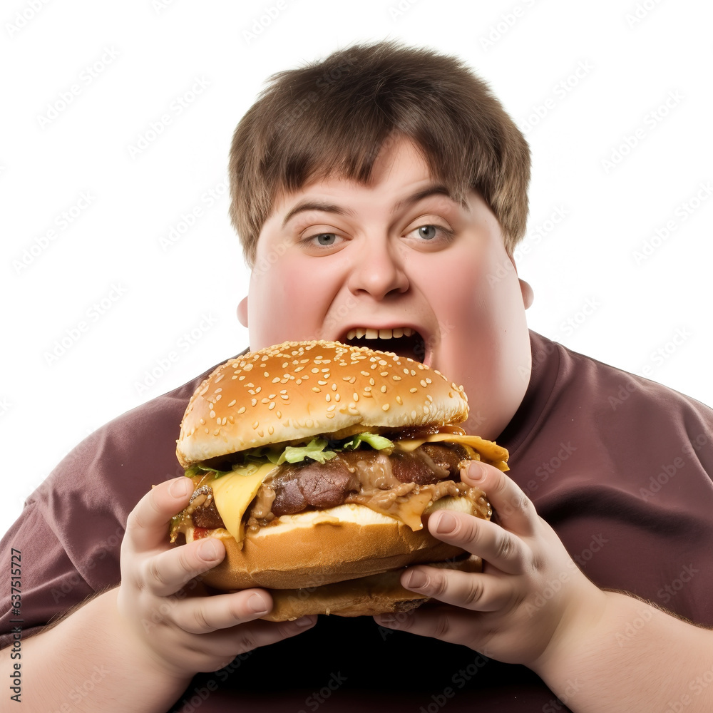 Unhealthy eating. Funny fat man eating a giant hamburger.
