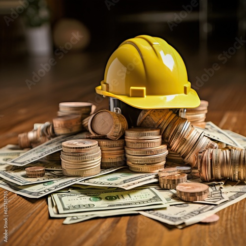 Construction helmet on a pile of money, generative ai