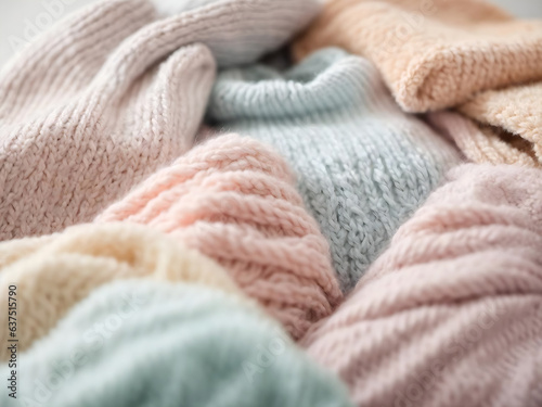 Winter knitted things . Products made of natural wool in pastel colors . © Elena