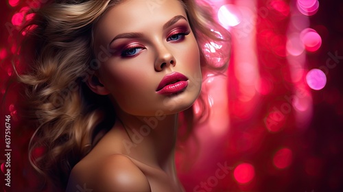 Beautiful blonde woman with curly hair with healthy skin and pink make-up. Close-up portrait of a sensual female model. Illustration for cover, interior design, decor or print.