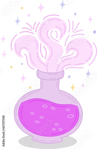 Vector illustration of a magic elixir. A bottle with a magic elixir for love spells, witchcraft and divination. Magical illustration and alchemy. A bottle with a miracle potion.