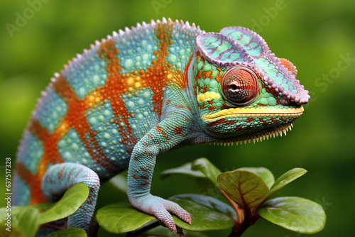 a colorful chamelon is sitting on a branch