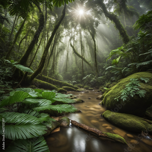  "Radiant Rainforest Stream: Sunlight Illuminating Serene Meandering Waterway Amidst Ferns and Rocks" © Timothy
