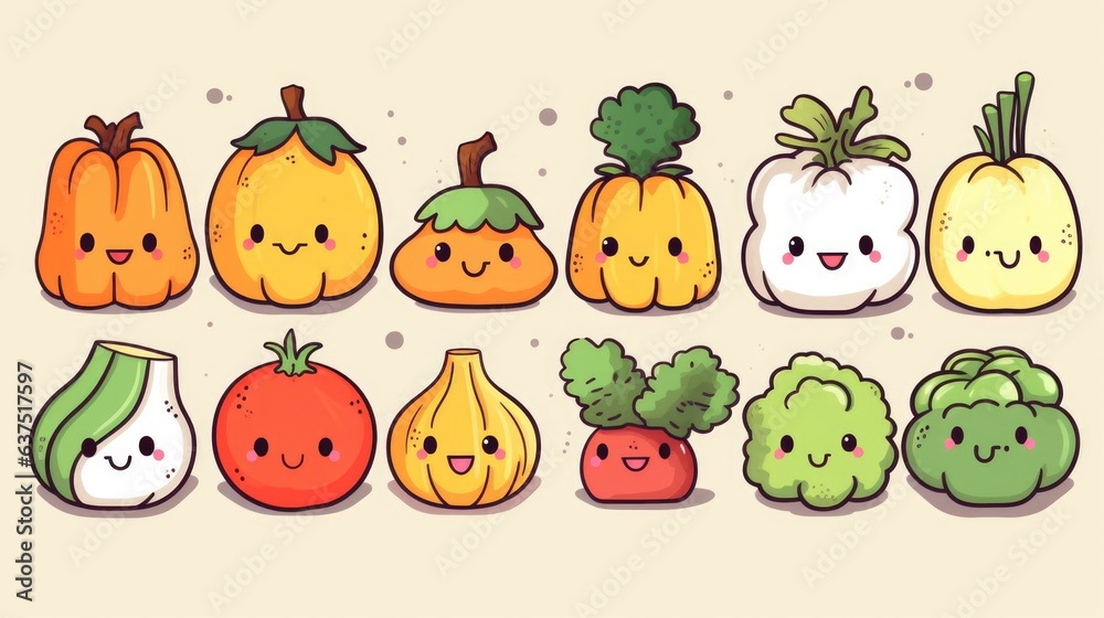A group of cartoon fruits and vegetables with faces A group of cartoon fruits and vegetables with faces