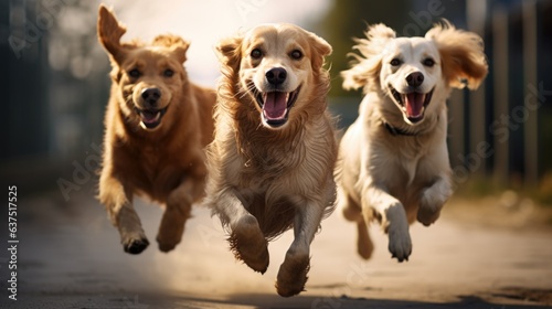 A group of dogs running down a dirt road