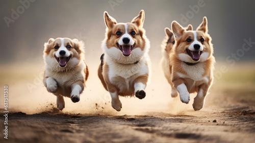 Three dogs running in the dirt with their mouths open