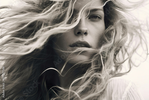 A woman with long hair enjoys the wind in nature, creating a cinematic and timeless image.