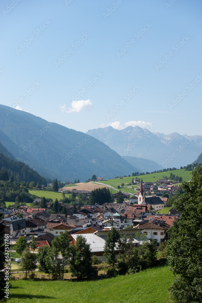 Aerial view of Anterselva di Mezzo (Antholz-Mittertal) in mountain valley in the dolomites and Italian alps 
