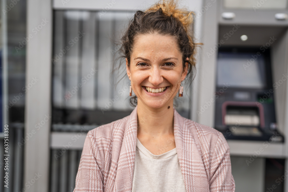 Portrait of adult caucasian woman stand in town or city outdoor in day Portrait of adult caucasian woman stand in town or city outdoor in day