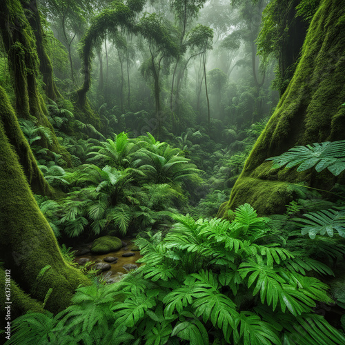 Enchanting Jungle Oasis  Captivating Stream Shrouded in Lush Ferns and Mist