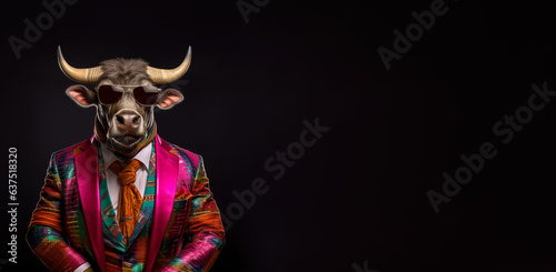 Cool looking bull with horns wearing funky fashion dress - jacket, tie, glasses. Wide banner with space for text right side. Stylish animal posing as supermodel. Generative AI