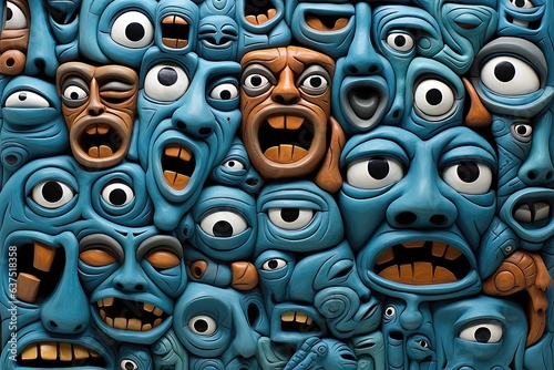 Funny faces background in blue and brown colors. 3D illustration