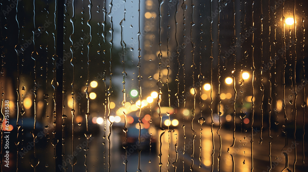 Fototapeta premium Rain drops on the window with city lights blurred background. Rainy day concept.