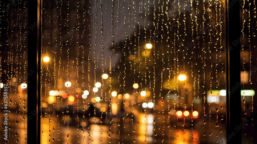 Rain drops on the window with city lights blurred background. Rainy day concept.
