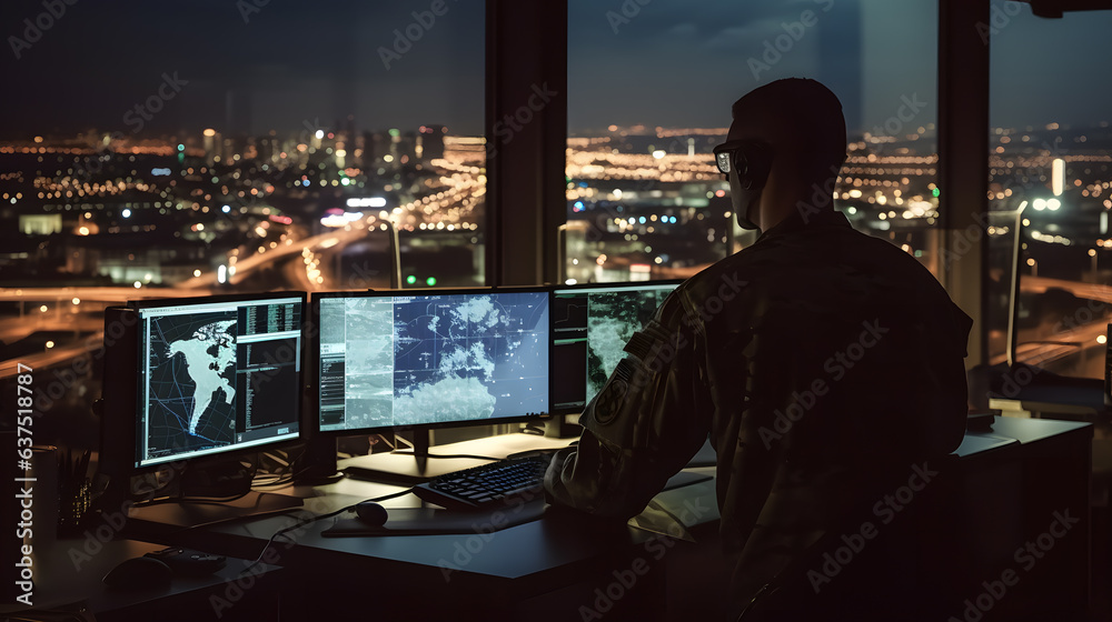 Un militaire surveillant le cyber-espace depuis ses ordinateurs. - obrazy, fototapety, plakaty 