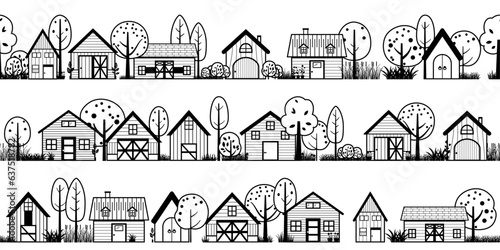 silhouette panoramic landscape houses of neighborhood. black and white barn or home countryside cottage. Glyph vector illustration