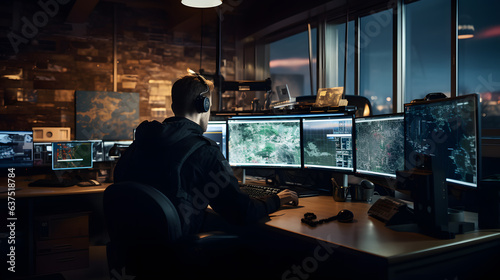 Un ingénieur militaire en train de géolocaliser une attaque cyber depuis son ordinateur. 