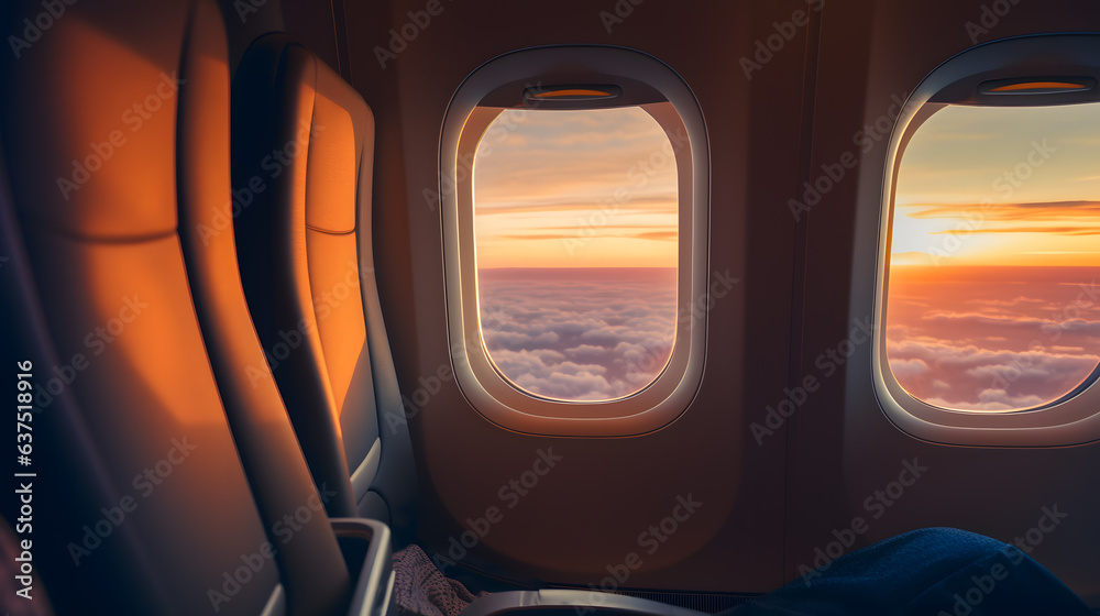 La vue sur un coucher de soleil depuis un hublot d'avion. - obrazy, fototapety, plakaty 