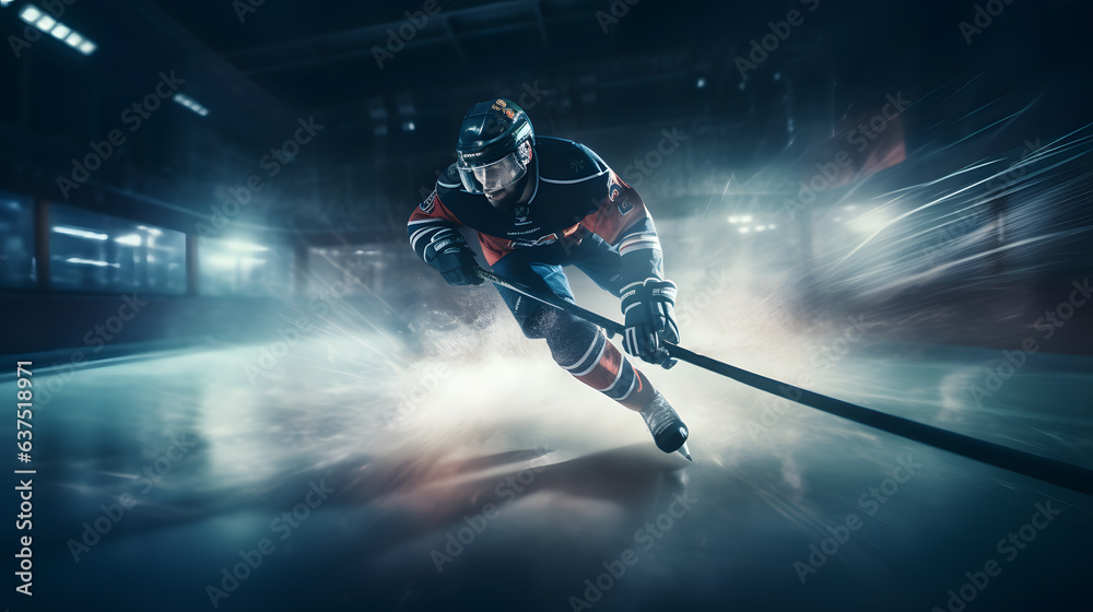 Un joueur de hockey en plein patinage avec sa cross pour marquer un point. - obrazy, fototapety, plakaty 