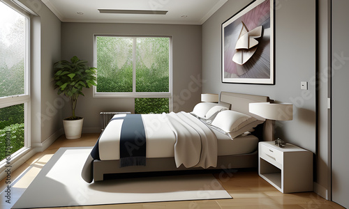 Modern, Minimalistic, and comfortable Bedroom Interior Design With Garden View - Generative AI