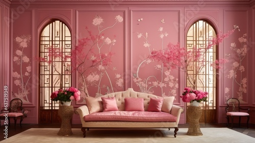 Gorgeous pink folding screen embellishes stunning room interior.