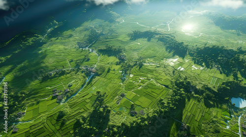 Green rice field is shining in the sun, fisheye photography. From a bird's eye view. Generative AI