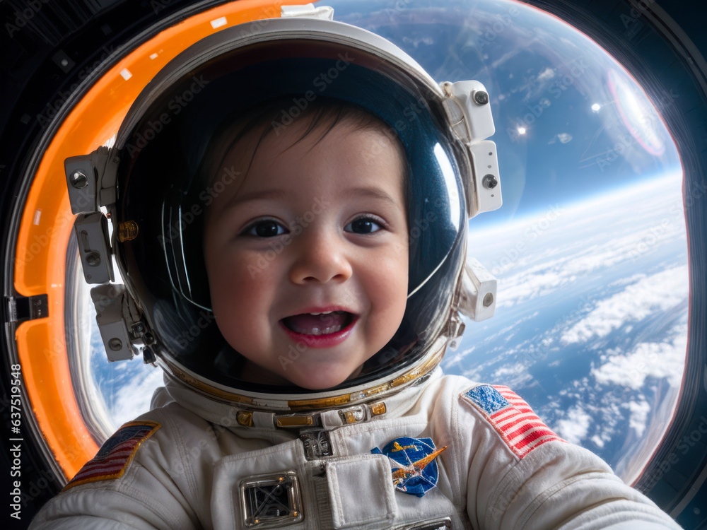 Digital photo of positive beautiful very young laughing child astronaut taking selfie floating on space Digital photo of positive beautiful very young laughing child astronaut taking selfie floating on space