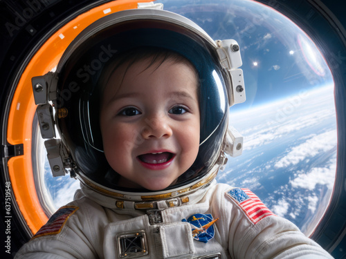 Digital photo of positive beautiful very young laughing child astronaut taking selfie floating on space