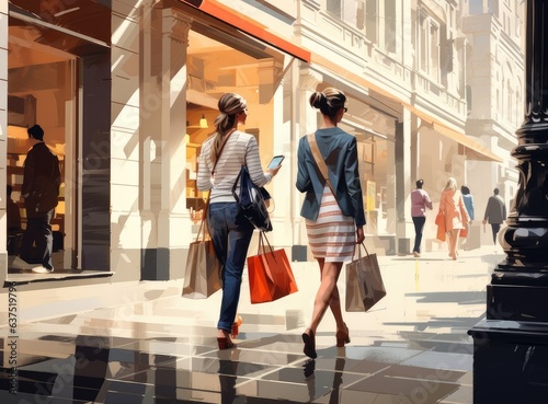 Women with shopping bags. Two young fashionable women walking in mall Created with Generative AI technology.