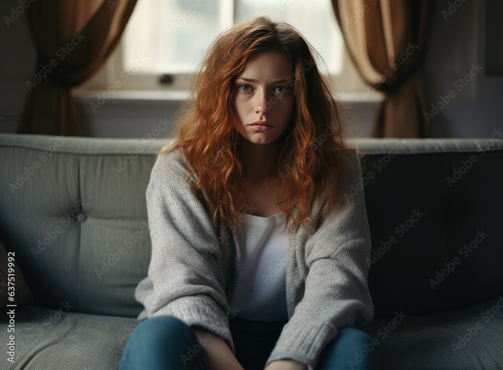 Lonely young woman sitting on couch in living room, looking away, touching chin, thinking over bad news, problems, failure, going through emotional burnout, Created with Generative AI technology.