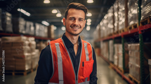 Smiling warehouse worker in the logistic warehouse. Generative AI