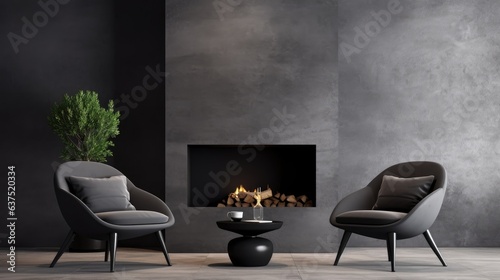 Gray velor chairs, black accent fireplace, dark plaster, empty wall. Lounge area in apartment or reception hall. Room design mockup for art. 3D render. photo